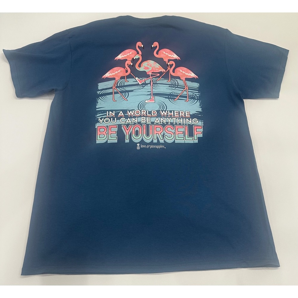 Love & Pineapples Flamingo Be Yourself Graphic T-Shirt Blue Large RN146542